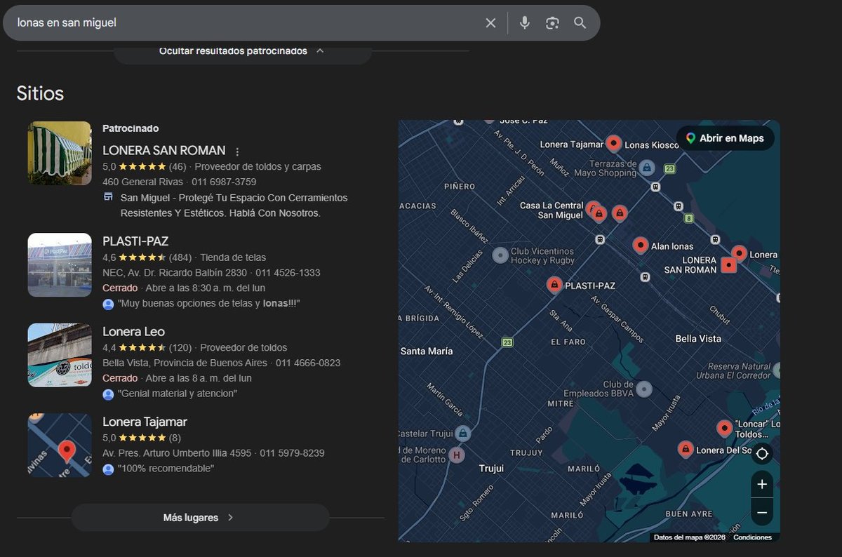 Captura de Google mostrando cliente en primera posición del panel local para búsqueda lonas en San Miguel